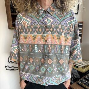 Vintage 80s Southwestern Button Down Shirt with Shoulder Pads ~ Size XL